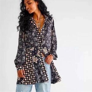 Free People Black Mixed-Print Long-Sleeve Tunic